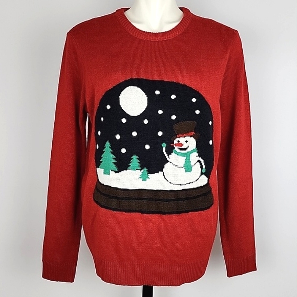 GMI Women's Ugly Christmas Sweater Knit Red Snow Globe Snowman Crew Neck Sz M/L